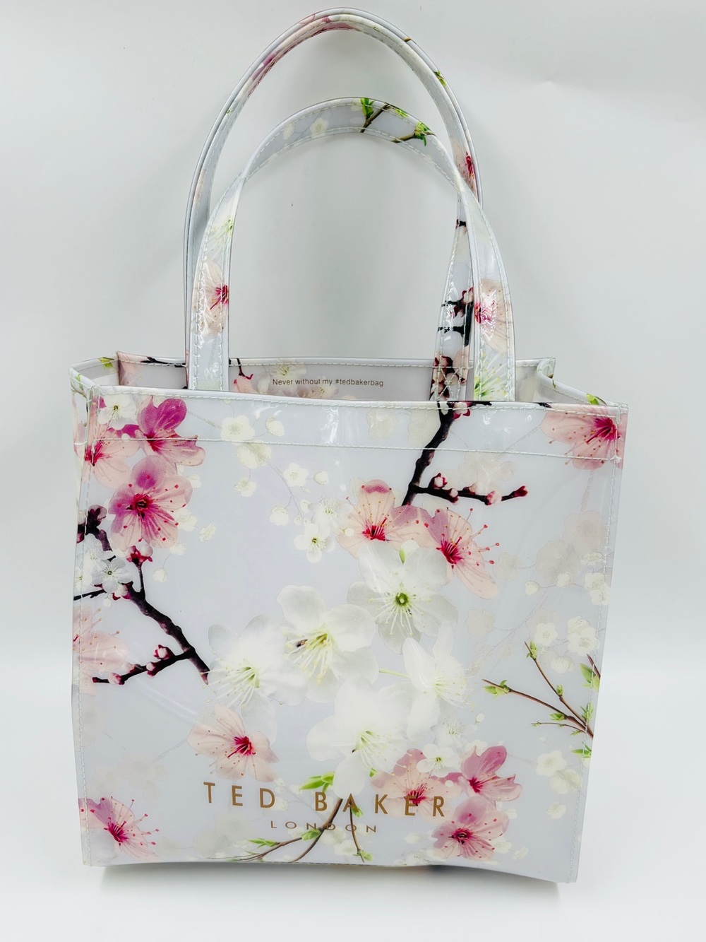 Ted Baker Oriental Cherry Blossom Icon Tote Glossy PVC Bag Purse Gray Pink EUC